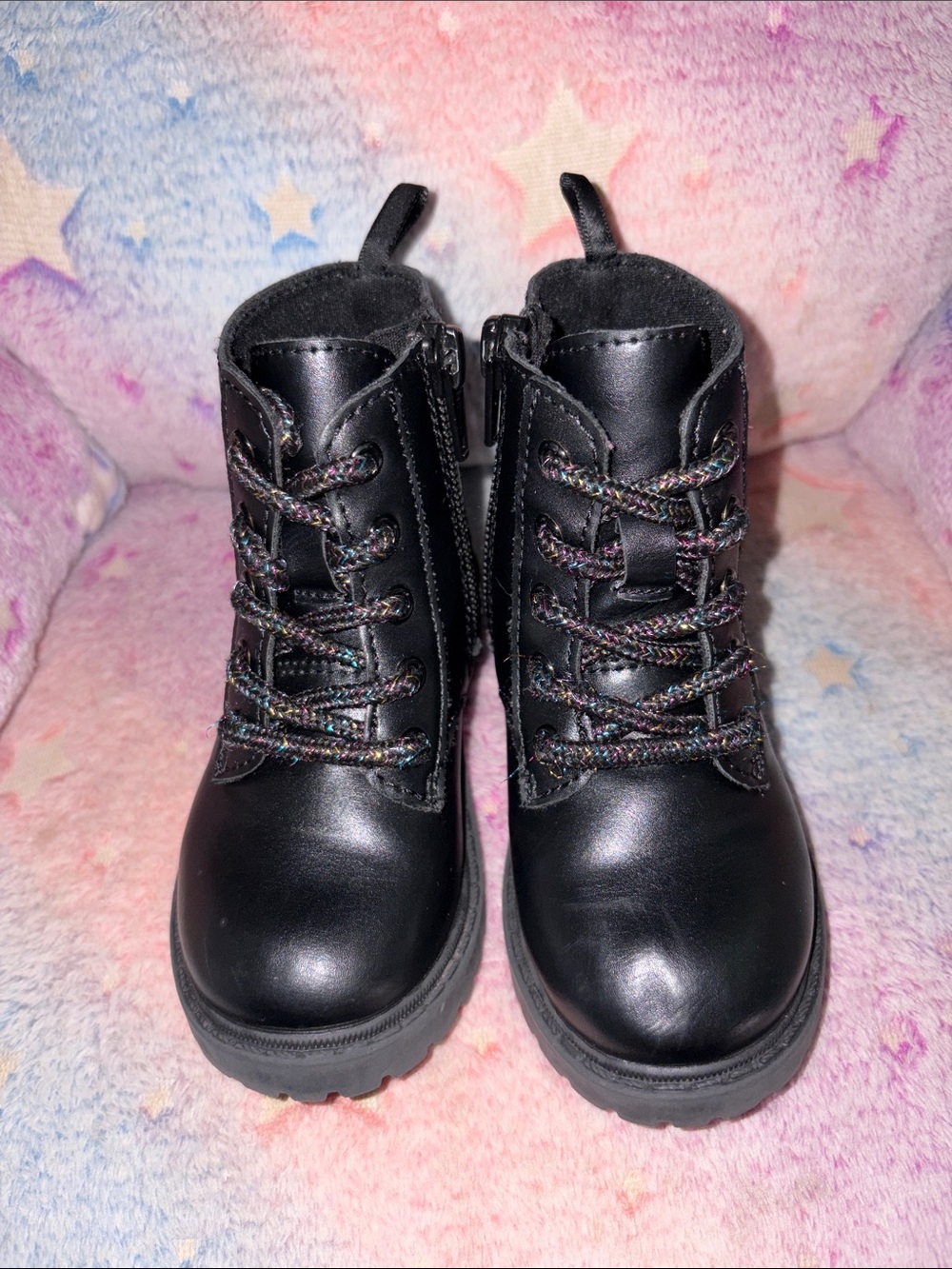 Old Navy Black Kids Lace-Up Combat Boots with Multicolor Laces